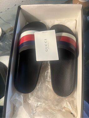 Gucci Black Slide Sandals with Red-White-Blue Stripes